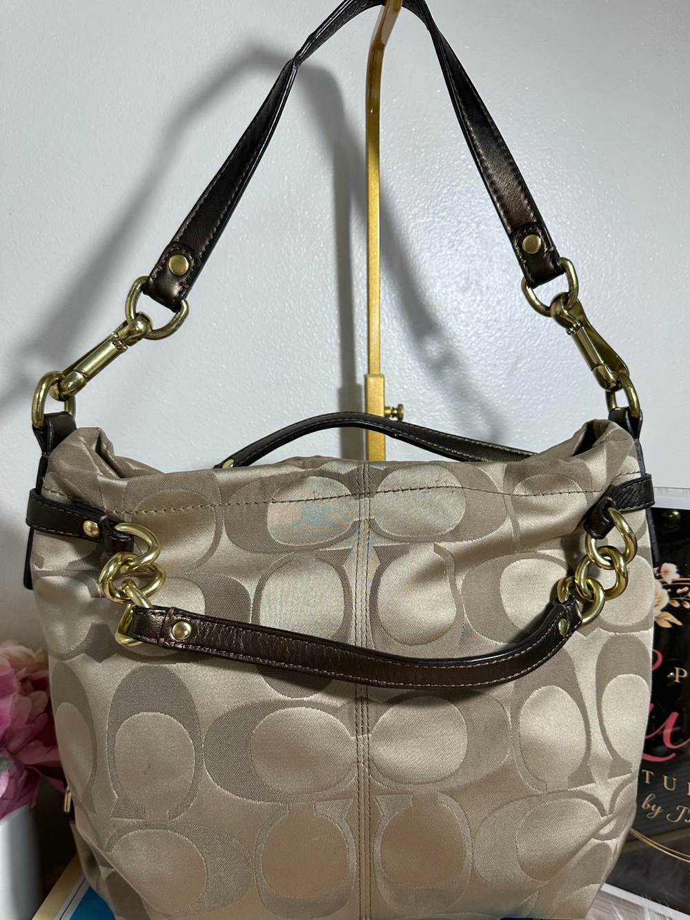 Coach Beige Signature Jacquard Shoulder Bag with Brown Trim